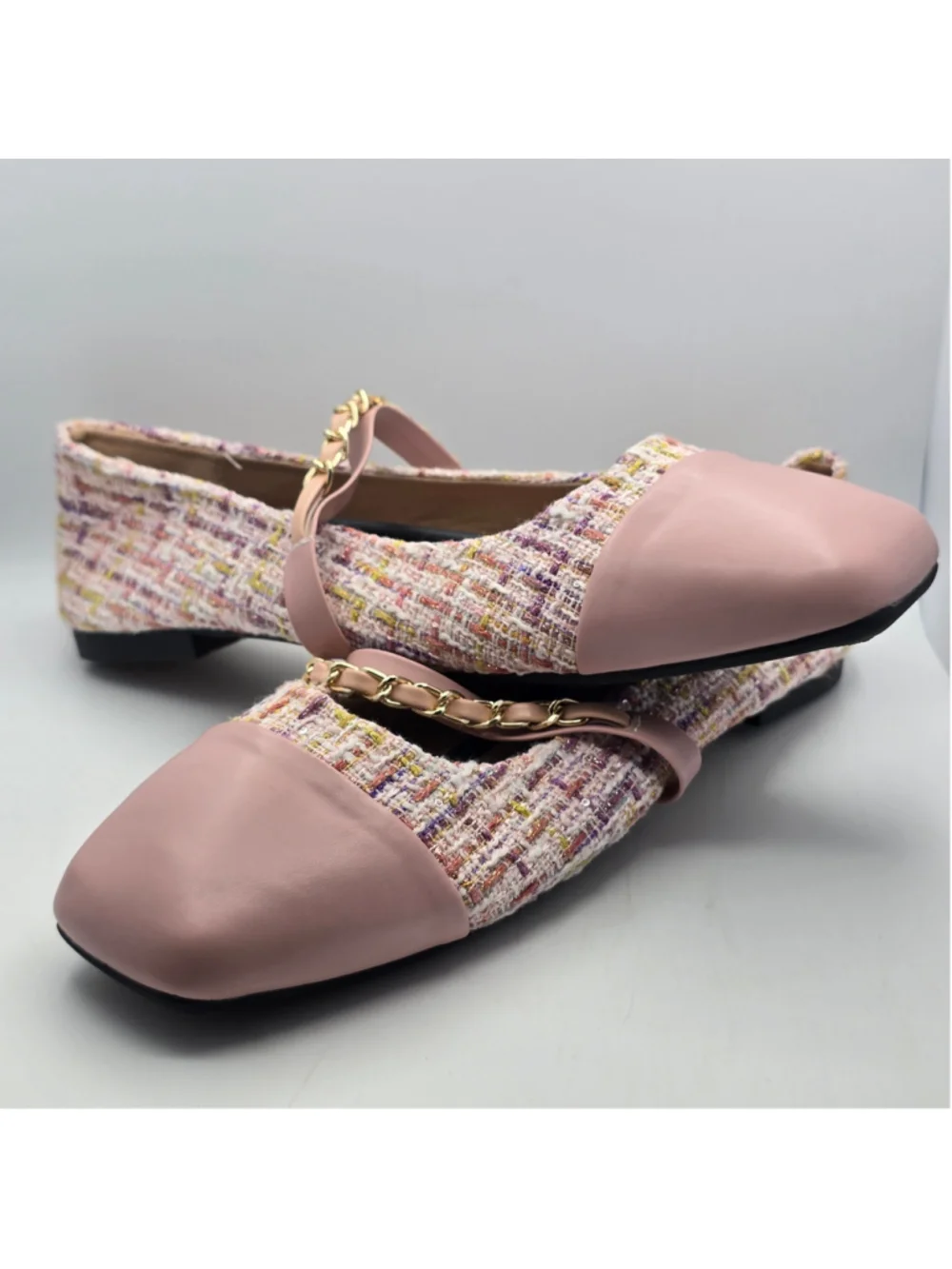 Women's Unbranded Tweed Flats with Gold Chain Detail, Pink, Size 11
